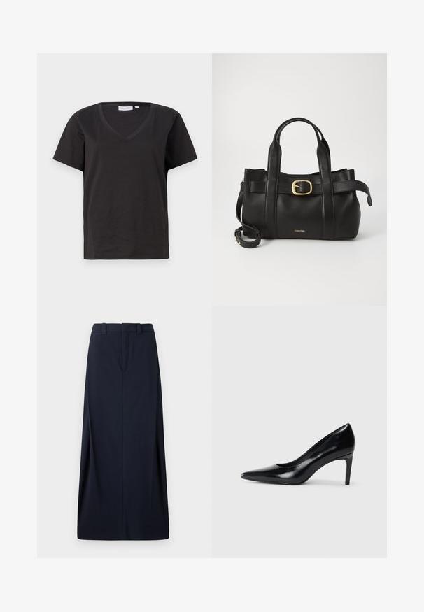 T-shirt en coton noir avec un col en V et des manches courtes. Design simple avec une coupe régulière et sans motifs ni accents.; Jupe longue bleu marine en tissu tissé, avec une coupe droite, des passants de ceinture et une fermeture éclair dissimulée. Lignes épurées et design minimal.; Chaussure à talon haut en cuir noir avec un bout pointu, texture lisse et un talon effilé. Design minimaliste, sans embellissements supplémentaires.; Sac à main en cuir noir présentant un design structuré, deux poignées supérieures, un accent de boucle en ton doré et un logo de la marque en relief à l'avant.