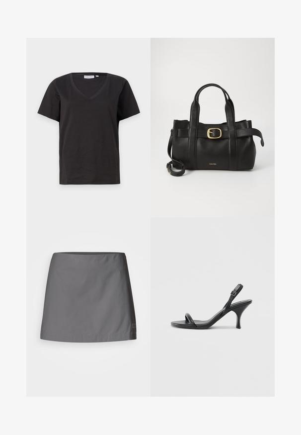 Black cotton T-shirt with a V-neck and short sleeves. Simple design with a regular fit and no patterns or accents.; Gray skirt made from lightweight, smooth fabric; features a straight cut with a clean hem and a subtle brand label on the side.; Black leather high-heeled sandals with a slim, curved heel and a crossed strap design. Adjustable ankle strap. Smooth texture.; Black leather handbag featuring a structured design, dual top handles, gold-tone buckle accent, and embossed brand logo at the front.