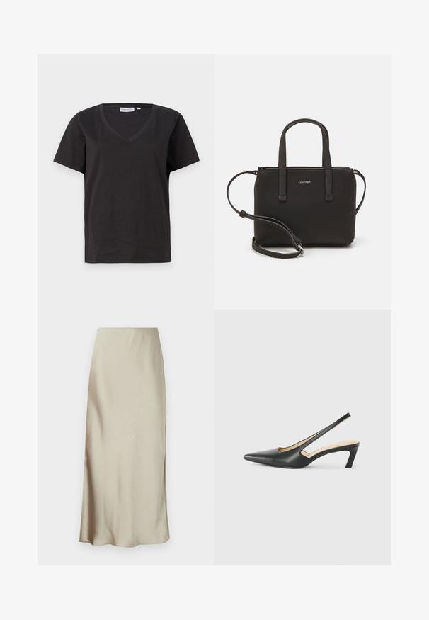 Juodas medvilninis marškinėlis su V formos iškirpte ir trumpomis rankovėmis. Paprastas dizainas, reguliaraus kirpimo, be raštų ar akcentų.; Ilga, šviesiai kreminė sijonas, pagamintas iš lygaus audinio, pasižymi subtiliu blizgesiu ir plačiomis kraštinėmis, suteikiančiomis elegantišką, minimalistinį dizainą.; Juodas smailus slingback batelis su žemu kulnu, pagamintas iš lygaus odos paviršiaus ir su išpjovomis šone, užtikrinančiomis oro pralaidumą.; Juoda rankinė su dviem trumpais rankenėlėmis ir nuimamu petį. Lygaus odos tipo medžiaga su užtrauktuku ir logotipo detale.