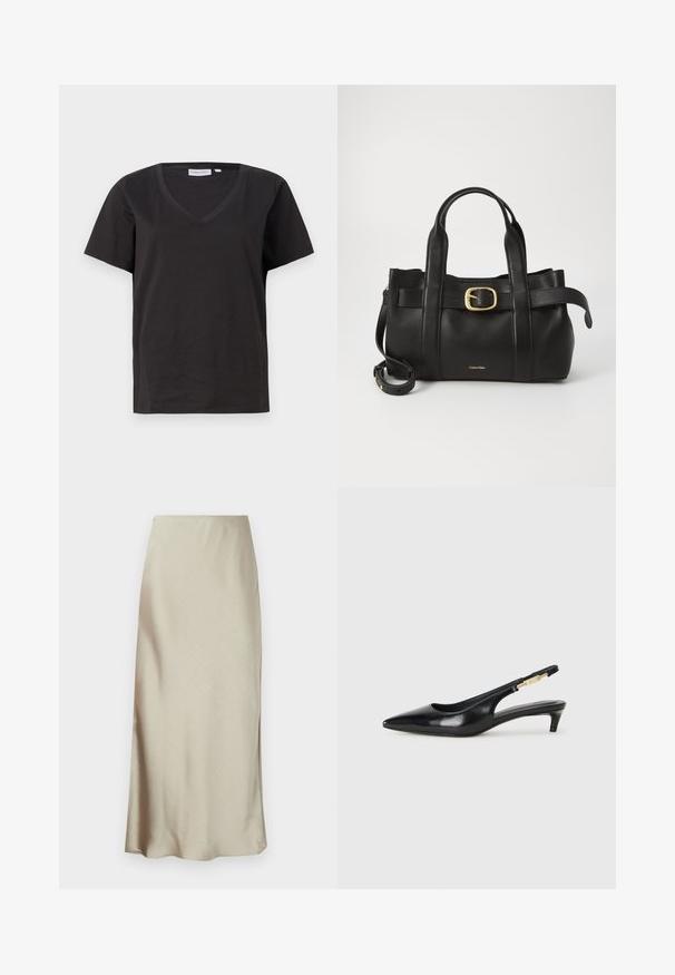 Black cotton T-shirt with a V-neck and short sleeves. Simple design with a regular fit and no patterns or accents.; A long, light beige skirt made of smooth fabric features a subtle sheen and a flared hem, providing a sleek, minimalist design.; Black leather slingback heels with a pointed toe, featuring a slim heel and a gold-tone accent on the adjustable strap. Smooth texture.; Black leather handbag featuring a structured design, dual top handles, gold-tone buckle accent, and embossed brand logo at the front.