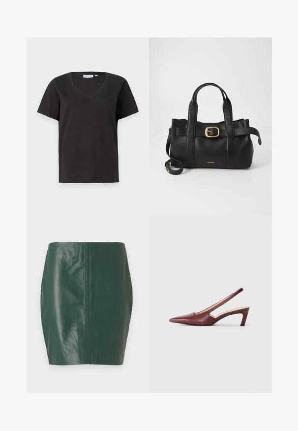 Černé bavlněné tričko s výstřihem do V a krátkým rukávem. Jednoduchý design s klasickým střihem bez vzorů nebo akcentů.; Zelená kožená mini sukně s hladkým povrchem a přiléhavým střihem. Disponuje bezešvým designem bez viditelných zapínání nebo kovových částí.; Vínové slingback podpatky s špičatou špičkou, výřezy na straně a středně vysokým blokovým podpatkem. Hladký kožený povrch.; Černá kožená kabelka s upraveným designem, dvojitými vrchními madly, pozlaceným přezkovým akcentem a vyraženým logem značky na přední straně.