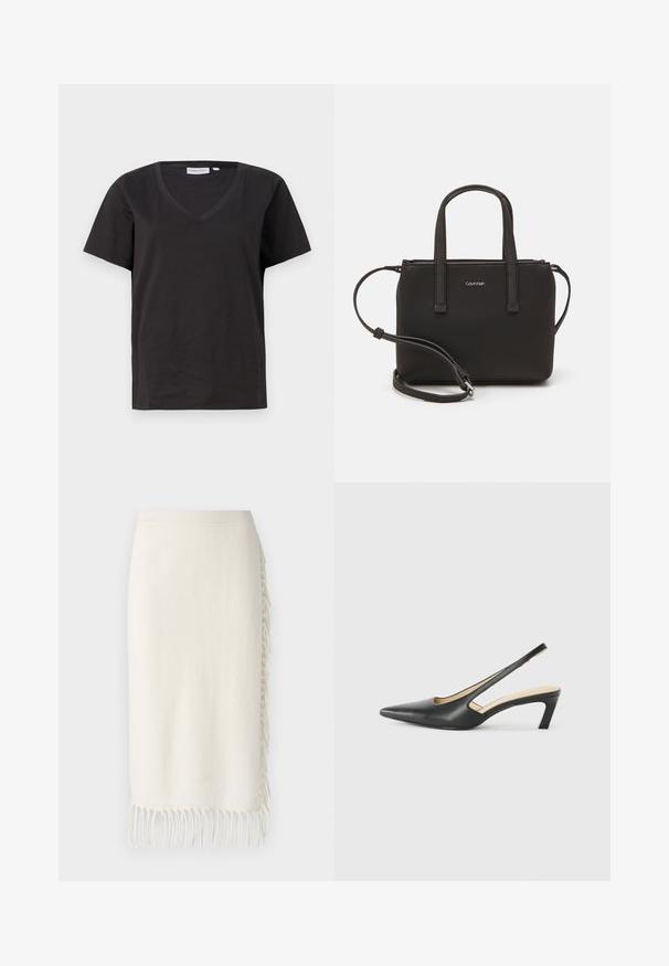 Musta puuvillainen T-paita, jossa on V-kaula-aukko ja lyhyet hihat. Yksinkertainen muotoilu, säännöllinen istuvuus ilman kuvioita tai koristeita.; Neule hapanhattu, jossa on ribbovö ja teksturoitu fringe-yksityiskohta yhdellä sivulla, valmistettu pehmeästä ja kevyestä materiaalista.; Musta, kärjeltään terävä slingback-kengä, jossa on matala korko. Kengässä on sileä nahkamateriaali ja sivuilla leikkaukset hengittävyyttä varten.; Musta käsilaukku, jossa on kaksinkertaiset lyhyet kahvat ja irrotettava olkahihna. Silkkinen nahkatunneinen materiaali, jossa on vetoketjukiinnitys ja logoyksityiskohta.