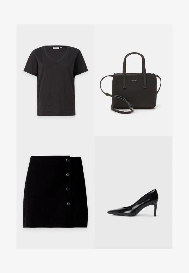 Camisa de algodón negra con cuello en V y mangas cortas. Diseño simple con un corte regular y sin patrones ni acentos.; Mini falda negra de algodón, con cierre de botón en el lateral con cuatro botones negros y una silueta recta. Textura suave.; Zapato de tacón alto de cuero negro con punta afilada, textura suave y tacón en forma de cono. Diseño minimalista, sin adornos adicionales.; Bolso de mano negro con dos asas cortas y una correa de hombro removible. Material suave tipo cuero con cierre de cremallera y detalle del logo.
