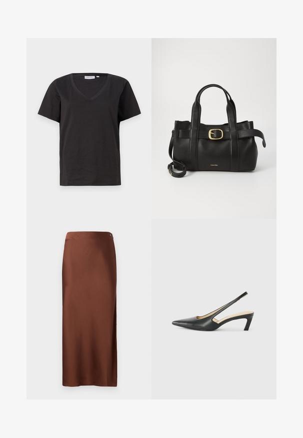 Must musta T-särk V-kaelusega ja lühikeste varrukatega. Lihtne disain, regulaarne istuvus, ilma mustrite ja aktsentideta.; Pruun satiinist maksikleit, millel on sile tekstuur, külgslits ja hõbedane aksessuaar vööl. Lihtne ja keha järgiv disain.; Must mustaga, terav varvas, madala kontsaga sildiga king, mis on valmistatud siledast nahast ja mille küljel on lõike disain hingavuse tagamiseks.; Must mustraga nahkakott, millel on struktureeritud disain, kaks ülemist kanda, kuldse tooni pandla aktsent ja esiküljel embosseeritud brändi logo.