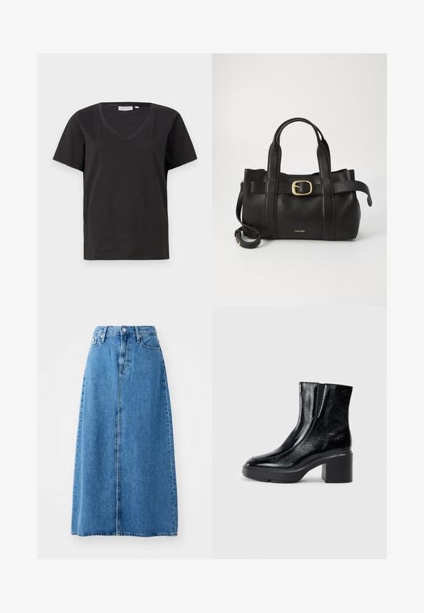 Čierne bavlnené tričko s výstrihom do V a krátkymi rukávmi. Jednoduchý dizajn s bežným strihom a bez vzorov alebo akcentov.; Modrá denimová maxi sukňa s predným zapínaním na gombíky, dvoma vreckami a rovnými líniami s nerovným lemom. Klasická a všestranná.; Čierne lakované členkové topánky s zakrivenou špičkou, elastickými bočnými panelmi a masívnym blokovým opätkom. S embosovaným logom na zadnej strane.; Čierna kožená kabelka s štruktúrovaným dizajnom, dvojitými hornými uchopiteľmi, zlatým prackovým akcentom a embosovaným logom značky na prednej strane.