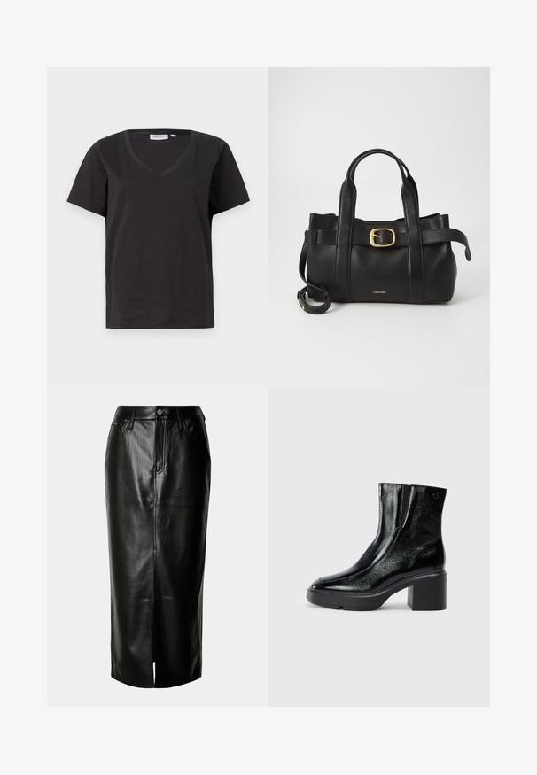 Juodas medvilninis marškinėlis su V formos iškirpte ir trumpomis rankovėmis. Paprastas dizainas, reguliaraus kirpimo, be raštų ar akcentų.; Juoda odinė midi sijonas su tiesiu kirpimu, priekinės skelties ir klasikinio penkių kišenių dizainu, papuoštu metaliniais akcentais.; Juodi lakiniai auliniai batai iki kulkšnies, su išlenktu pirštu, elastinėmis šoninėmis panelėmis ir masyviu blokuotu kulnu. Apdailoje užpakalinėje dalyje įspaustas logotipas.; Juodas odinis rankinės maišas su struktūrizuotu dizainu, dviem viršutinėmis rankenomis, auksinės spalvos sagtimi ir iškilniu prekės ženklu priekyje.