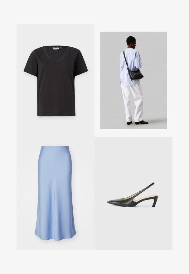 Fekete pamut póló V-nyakkal és rövid ujjakkal. Egyszerű dizájn, normál fazon, minta vagy díszítés nélkül.; Világoskék, selymes anyagú szoknya, A vonalú fazon, sima textúrával, térd alatt végződő szegéllyel és egyszerű derékszabással. További díszítések nem láthatók.; Fekete, hegyes orrú, slingback cipő alacsony sarkával, sima bőrből készült, oldalt kivágott deisgnal a légáteresztőképesség érdekében.; Fekete bőr válltáska puha tapintással, háromszög alakú, állítható pánttal, világoskék csíkos inggel és fehér nadrággal párosítva.