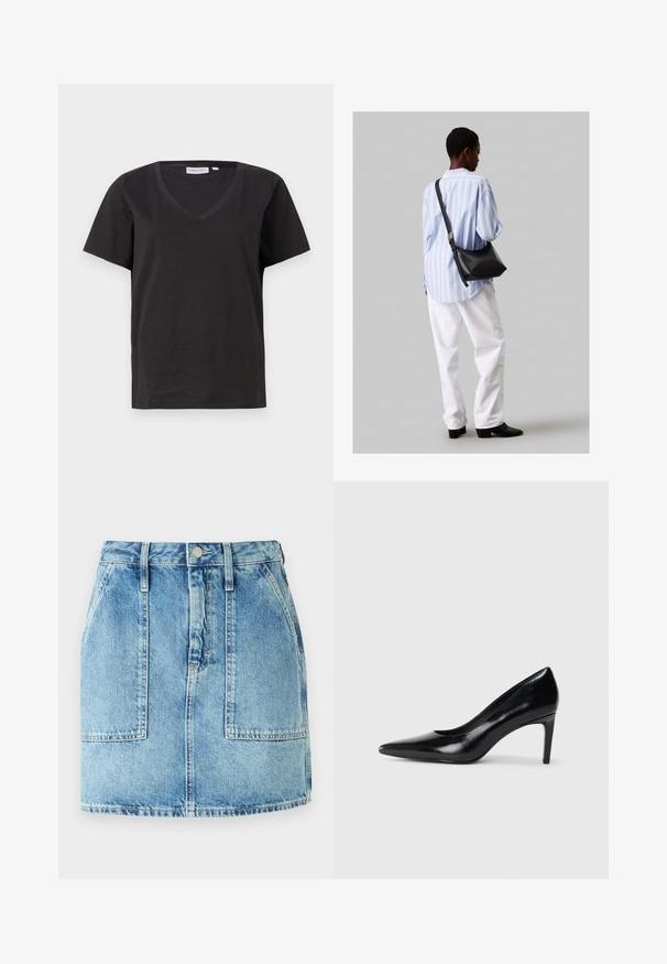 Μαύρο βαμβακερό T-shirt με V λαιμόκοψη και κοντά μανίκια. Απλός σχεδιασμός με κανονική εφαρμογή και χωρίς μοτίβα ή διακοσμητικά.; Φαίνεται μια ανοιχτόχρωμη μπλε τζιν φούστα με εφαρμοστό μέσο, η οποία διαθέτει δύο μεγάλες μπροστινές τσέπες, κλείσιμο με κουμπί και ευθεία γραμμή.; Μαύρο δερμάτινο ψηλοτάκουνο παπούτσι με μυτερή μύτη, λεία υφή και κοφτό τακούνι. Μινιμαλιστικός σχεδιασμός, χωρίς επιπρόσθετες διακοσμήσεις.; Μαύρη δερμάτινη τσάντα ώμου με απαλή υφή, τριγωνικό σχήμα και ρυθμιζόμενο λουρί, συνδυασμένη με ένα ανοιχτό μπλε ριγέ πουκάμισο και λευκό παντελόνι.