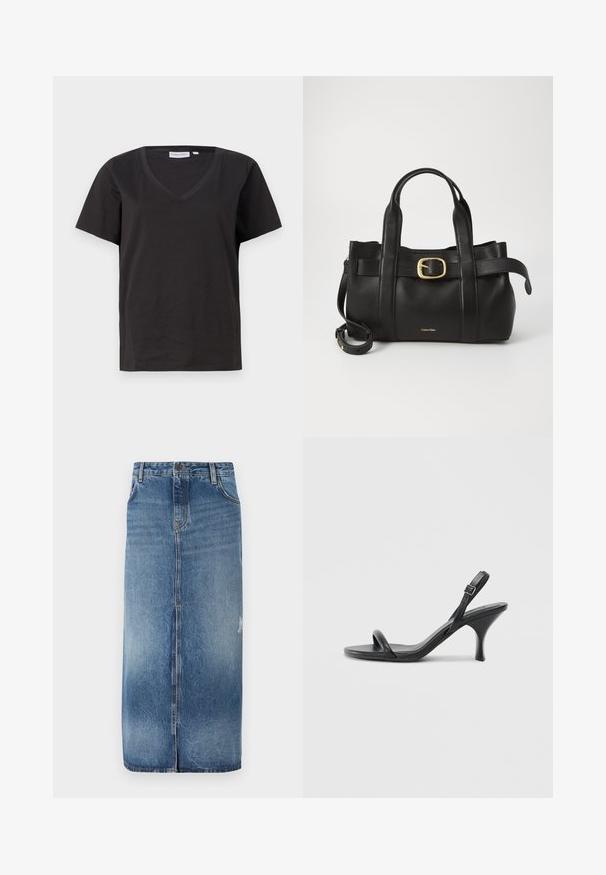 Crni pamučni T-shirt s V-izrezom i kratkim rukavima. Jednostavan dizajn s regularnom krojem i bez uzoraka ili akcenta.; Denim midi suknja s gradijentom od svijetloplave do tamnoplavе, prednjim zatvaranjem i suptilnim postrganim detaljima blizu ruba. Neobrađen rub na dnu.; Crne kožne sandale na visoku petu s tankom, zakrivljenom petom i dizajnom prekriženih traka. Podesiva traka oko gležnja. Glatka tekstura.; Crna kožna torba s strukturiranim dizajnom, dvostrukim gornjim ručkama, zlatnim kopčom kao naglaskom i utisnutim logotipom marke sprijeda.