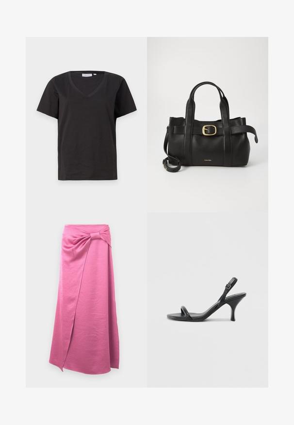 Black cotton T-shirt with a V-neck and short sleeves. Simple design with a regular fit and no patterns or accents.; Long pink skirt made of soft fabric, featuring a front wrap design and tied knot detail at the waist, with a straight silhouette.; Black leather high-heeled sandals with a slim, curved heel and a crossed strap design. Adjustable ankle strap. Smooth texture.; Black leather handbag featuring a structured design, dual top handles, gold-tone buckle accent, and embossed brand logo at the front.