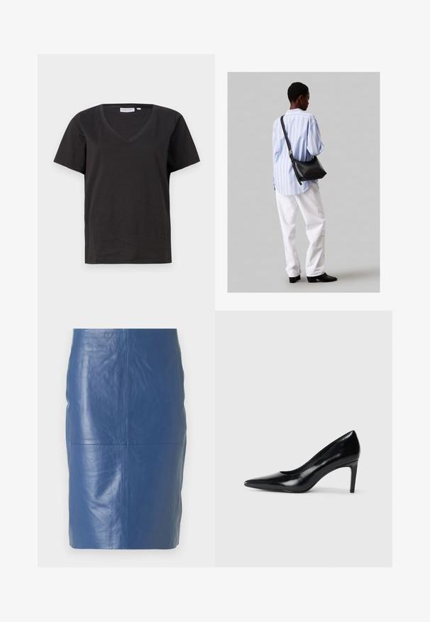 Černé bavlněné tričko s výstřihem do V a krátkým rukávem. Jednoduchý design s klasickým střihem bez vzorů nebo akcentů.; 2nd Day JAYAN - Kožená sukně - ensign blue; Černé kožené boty na vysokém podpatku s špičatou špičkou, hladkým povrchem a zúženým podpatkem. Minimalistický design, bez dalších ozdob.; Černá kožená kabelka přes rameno s jemnou texturou, trojúhelníkovým tvarem a nastavitelným popruhem, v kombinaci se světle modrou pruhovanou košilí a bílými kalhotami.