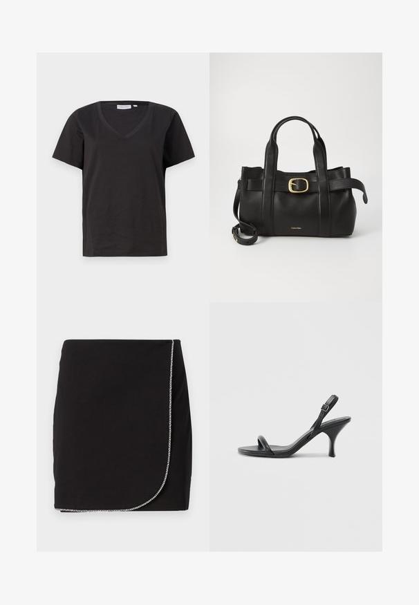Svart bomull T-skjorte med V-hals og korte ermer. Enkel design med vanlig passform og uten mønstre eller detaljer.; Svart miniskjørt laget av glatt stoff, med kjedeaksent langs kanten, tilknytt med omslagdesign og rene linjer.; Sorte skinnhøye hæler med en slank, buet hæl og et kryssrem-design. Justerbar ankelrem. Glatt tekstur.; Svart lærveske med en strukturert design, doble topphåndtak, gullfarget spenneakent og preget merke-logo foran.