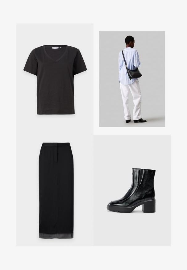 Tricou negru din bumbac cu decolteu în V și mâneci scurte. Design simplu, cu o croială normală și fără modele sau accente.; Fustă lungă de culoare neagră, confecționată dintr-un material neted. Prezintă o siluetă dreaptă, cu o margine transparentă subtilă, talie croită și detaliu cu fente în spate.; Bocanci de gleznă din piele lacuită neagră, cu vârf curbat, panouri elastice pe laterale și toc bloc masiv. Prezintă un logo embosat pe spate.; Geantă de umăr din piele neagră cu o textură moale, formă triunghiulară și curea ajustabilă, asortată cu o bluză cu dungi albastre deschise și pantaloni albi.
