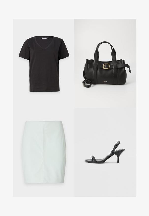 Melnas kokvilnas T-krekls ar V veida kakla izgriezumu un īsām piedurknēm. Vienkāršs dizains ar regulāru piegriezumu un bez rakstiem vai akcentiem.; Gaiši zaļa pieguļoša mini svārki, izgatavota no gludas materiāla, ar taisnu griezumu un tīrām līnijām, bez redzamām aparatūrām vai rotājumiem.; Melnas ādas augstpapēžu sandales ar plānu, izliekta formas papēdi un krustenisku siksnu dizainu. Regulējama potītes siksna. Gluda tekstūra.; Melnas ādas rokassoma ar strukturētu dizainu, divām augšējām rokturām, zelta toņa sprādzes akcentu un iegravētu zīmola logo priekšpusē.