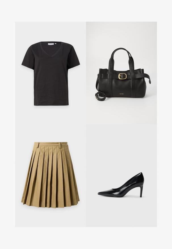 Musta puuvillainen T-paita, jossa on V-kaula-aukko ja lyhyet hihat. Yksinkertainen muotoilu, säännöllinen istuvuus ilman kuvioita tai koristeita.; Khaki värinen ryhmäsuora hame, joka on valmistettu puuvillasekoitteesta. Siinä on istuva vyötärö, jossa on vyölenkit, sekä levenevä siluetti, joka päättyy polven ylle.; Mustat nahkakengät korkealla korolla, terävä kärki, sileä pinta ja kapeneva korko. Minimalistinen muotoilu, ei ylimääräisiä koristeita.; Musta nahkakäsilaukku, jossa on struktuurinen muotoilu, kaksoiskahvat, kultasävyinen solkiaksentti ja kohokuvioitu brändilogo edessä.