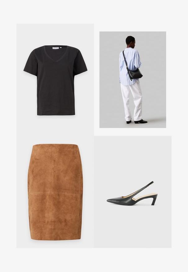 Must musta T-särk V-kaelusega ja lühikeste varrukatega. Lihtne disain, regulaarne istuvus, ilma mustrite ja aktsentideta.; Pruunest nahast valmistatud pliiatsiseelik kõrge vöökoha ja põlve pikkusega hemiga, millel on peened õmbluse detailid.; Must mustaga, terav varvas, madala kontsaga sildiga king, mis on valmistatud siledast nahast ja mille küljel on lõike disain hingavuse tagamiseks.; Must have mustras alasi nahkpatsi, pehme tekstuuriga, kolmnurkse kujuga ja reguleeritava rihmaga, koos helesinise triibulise särgi ja valgete pükstega.