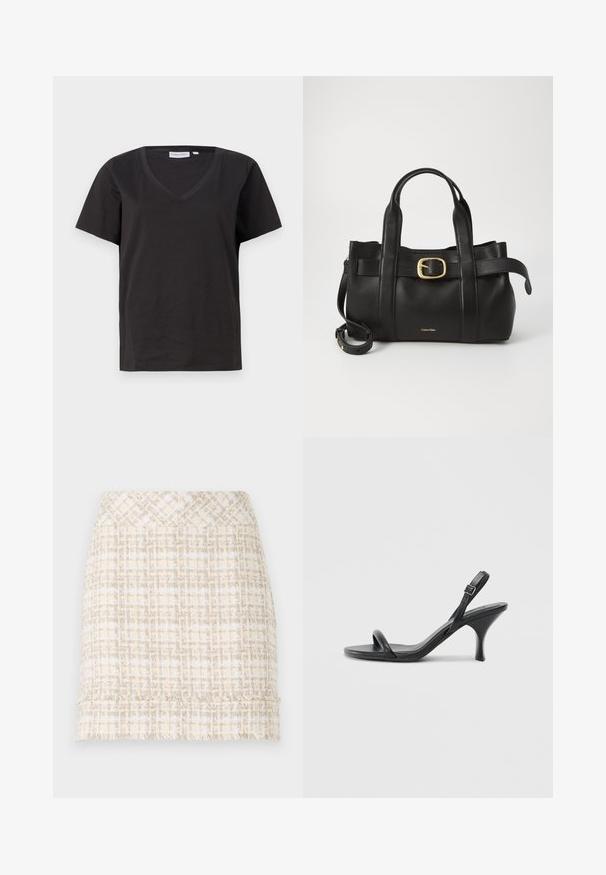 T-shirt in cotone nero con scollo a V e maniche corte. Design semplice con vestibilità regolare, senza motivi o dettagli.; Gonna in tweed intrecciato in crema e beige con una finitura testurizzata, caratterizzata da un taglio dritto e orlo sfrangiato per un tocco di dettaglio.; Sandali con tacco alto in pelle nera, con tacco sottile e curvo e design a fascia incrociata. Cinghia alla caviglia regolabile. Texture liscia.; Borsa a mano in pelle nera con un design strutturato, doppie maniglie superiori, accentuazione in metallo dorato e logo del marchio in rilievo sul davanti.