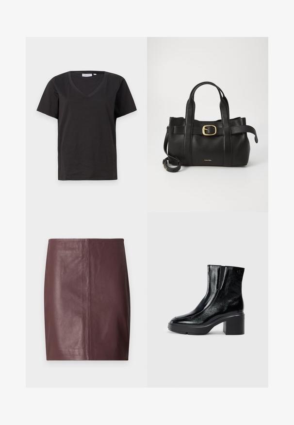 T-shirt en coton noir avec un col en V et des manches courtes. Design simple avec une coupe régulière et sans motifs ni accents.; Jupe crayon en cuir marron foncé avec un devant droit et lisse, accentué par des coutures verticales discrètes au centre.; Bottines en cuir verni noir avec un bout arrondi, des panneaux latéraux en élastique et un talon épais. Comprend un logo embossé à l'arrière.; Sac à main en cuir noir présentant un design structuré, deux poignées supérieures, un accent de boucle en ton doré et un logo de la marque en relief à l'avant.