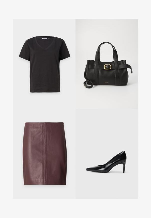 Schwarzes Baumwoll-T-Shirt mit V-Ausschnitt und kurzen Ärmeln. Einfaches Design mit normalem Schnitt und ohne Muster oder Akzente.; Dunkelbrauner Leder-Bleistiftrock mit einer geraden, glatten Vorderseite und subtilen vertikalen Nahtdetails in der Mitte.; Schwarzer Lederhochschuh mit spitzem Zehenbereich, glatter Textur und schmalem Absatz. Minimalistisches Design, keine zusätzlichen Verzierungen.; Schwarze Lederhandtasche mit strukturiertem Design, doppelten oberen Griffen, goldfarbenem Schnallenakzent und geprägtem Markenlogo auf der Vorderseite.