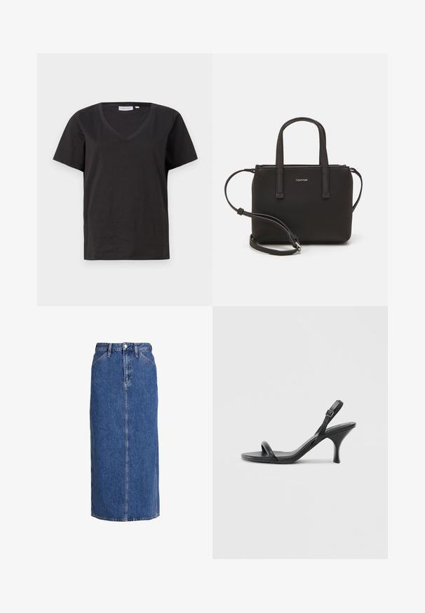 Čierne bavlnené tričko s výstrihom do V a krátkymi rukávmi. Jednoduchý dizajn s bežným strihom a bez vzorov alebo akcentov.; Džínová midi sukňa v stredne modrej farbe so strihaním do priamky, predným zapínaním na gombíky, dvoma bočnými vreckami a viditeľným šitím pre textúru.; Čierne kožené sandále na vysokom podpätku s štíhlym, zakriveným podpätkom a prekríženým pásikovým dizajnom. Nastaviteľný pásik okolo členka. Hladká textúra.; Čierna kabelka s dvojitými krátkymi rúčkami a odnímateľným ramenným popruhom. Hladký materiál podobný koži s uzatváraním na zips a detailom loga.