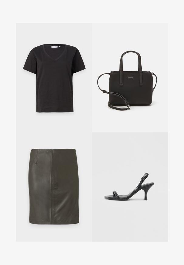 Juodas medvilninis marškinėlis su V formos iškirpte ir trumpomis rankovėmis. Paprastas dizainas, reguliaraus kirpimo, be raštų ar akcentų.; Tamsiai žalia odinė sijonas su lygiu paviršiumi, aptaki forma ir viena šonine kišene. Paprastas dizainas be matomų aparatūrų ar raštų.; Juodos odinės aukštakulnės šlepetės su plonu, kreiviu kulnu ir kryžminiu dirželio dizainu. Reguliuojamas kulkšnies dirželis. Lygus paviršius.; Juoda rankinė su dviem trumpais rankenėlėmis ir nuimamu petį. Lygaus odos tipo medžiaga su užtrauktuku ir logotipo detale.