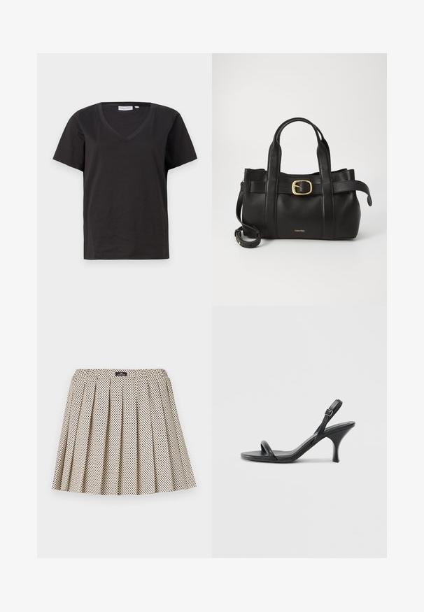 Svart bomull T-skjorte med V-hals og korte ermer. Enkel design med vanlig passform og uten mønstre eller detaljer.; Beige plissert skjørt med svarte prikker, elastisk midje og en glatt tekstur. Har en dekorativ merkeetikett ved midjen.; Sorte skinnhøye hæler med en slank, buet hæl og et kryssrem-design. Justerbar ankelrem. Glatt tekstur.; Svart lærveske med en strukturert design, doble topphåndtak, gullfarget spenneakent og preget merke-logo foran.