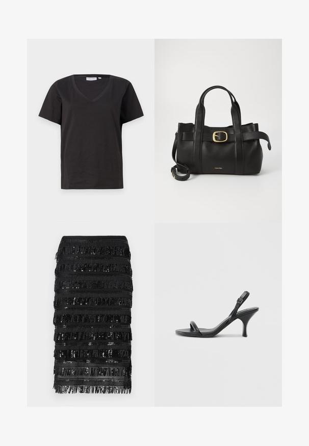 Svart bomull T-skjorte med V-hals og korte ermer. Enkel design med vanlig passform og uten mønstre eller detaljer.; Svart frynsedekorert mini skjørt med paljetter, som har lagdelte horisontale stropper av stoff og glitrende detaljer for tekstur og dybde.; Sorte skinnhøye hæler med en slank, buet hæl og et kryssrem-design. Justerbar ankelrem. Glatt tekstur.; Svart lærveske med en strukturert design, doble topphåndtak, gullfarget spenneakent og preget merke-logo foran.