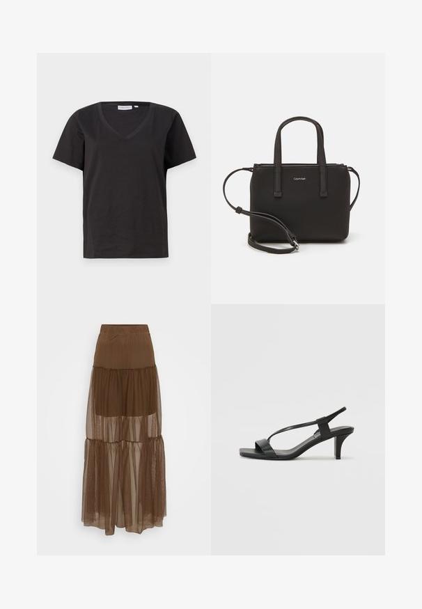 Zwarte katoenen T-shirt met een V-hals en korte mouwen. Eenvoudig ontwerp met een regular fit en zonder patronen of accenten.; Bruine gelaagde rok met een gestructureerde mesh-overlay en elastische tailleband. Bevat drie lagen doorschijnende stof, wat zorgt voor een vloeiende silhouet.; Zwarte hoge sandalen met een slank bandontwerp, vierkante neus en een mid-height blokhak. Gemaakt van soepel leer met een matte afwerking.; Zwarte handtas met dubbele korte handvatten en een afneembare schouderriem. Glad, leerachtig materiaal met een ritssluiting en logo-detail.