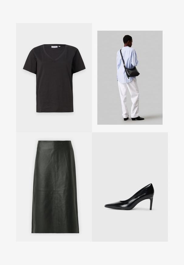 Musta puuvillainen T-paita, jossa on V-kaula-aukko ja lyhyet hihat. Yksinkertainen muotoilu, säännöllinen istuvuus ilman kuvioita tai koristeita.; Mustapaitainen midi-hame, jossa on suora leikkaus. Tasainen pinta, vähäiset saumat ja tiukka vyötärö. Ei näkyviä taskuja tai ylimääräisiä yksityiskohtia.; Mustat nahkakengät korkealla korolla, terävä kärki, sileä pinta ja kapeneva korko. Minimalistinen muotoilu, ei ylimääräisiä koristeita.; Musta nahkainen olkalaukku, jossa on pehmeä rakenne, kolmion muoto ja säädettävä hihna, yhdistettynä vaaleansiniseen raidalliseen paitaan ja valkoisiin housuihin.