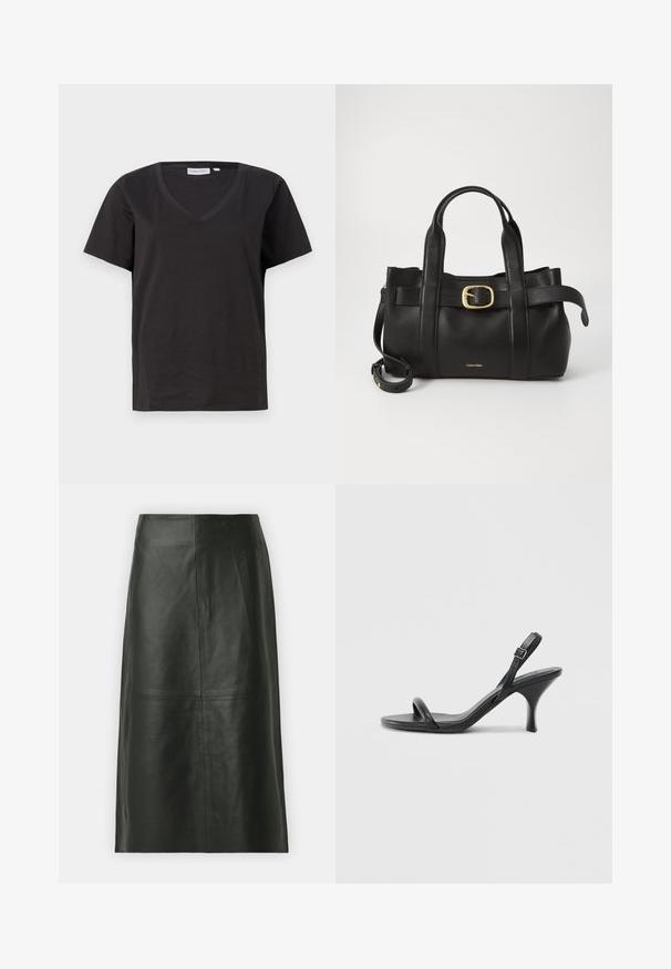 Black cotton T-shirt with a V-neck and short sleeves. Simple design with a regular fit and no patterns or accents.; Black leather midi skirt with a straight cut. Smooth texture, minimal seams, and a fitted waistband. No visible pockets or additional details.; Black leather high-heeled sandals with a slim, curved heel and a crossed strap design. Adjustable ankle strap. Smooth texture.; Black leather handbag featuring a structured design, dual top handles, gold-tone buckle accent, and embossed brand logo at the front.
