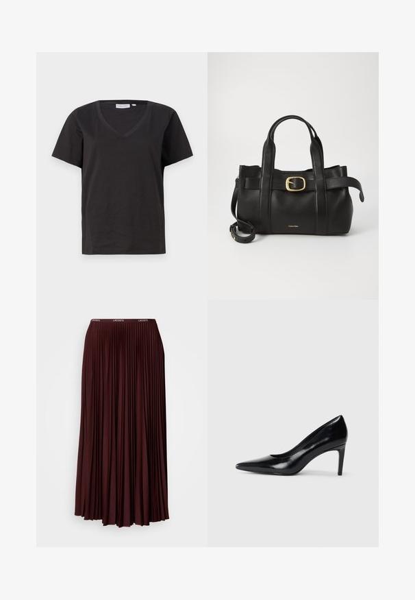 Črna bombažna majica s kratkimi rokavi in V-izrezom. Preprost dizajn z običajnim krojem in brez vzorcev ali dodatkov.; Burgundska plisirana krila izdelana iz mehke tkanine z elastičnim pasom, ki vsebuje subtilen logotip. Polna dolžina z navpičnimi pliskami.; Črna usnjena črna čevlja na visokem petu z zašiljenim prstom, gladko teksturo in zoženim peto. Minimalističen dizajn, brez dodatnih okraskov.; Črna usnjena torba s strukturirano zasnovo, dvojni zgornji ročaji, zlato-tonirni zaponka kot dodatek in vtisnjeni logotip blagovne znamke spredaj.