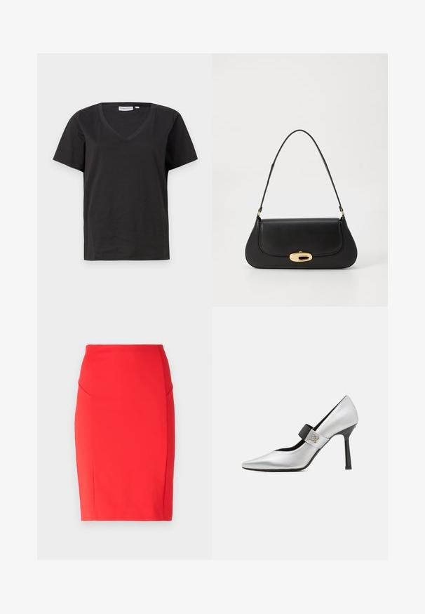 Crni pamučni T-shirt s V-izrezom i kratkim rukavima. Jednostavan dizajn s regularnom krojem i bez uzoraka ili akcenta.; Patrizia Pepe GONNA SKIRT - Uska suknja - glam red; Srebrna kožna cipele na visoku petu s oštrom nosom, crnim remenom kao naglaskom i sjajnom završnom obradom, koje karakteriziraju elegantna silueta i tanka peta.; Crna kožna torba s zakrivljenim dizajnom, zlatnim detaljima i gornjom drškom. Ima elegantno zatvaranje i glatku teksturu.