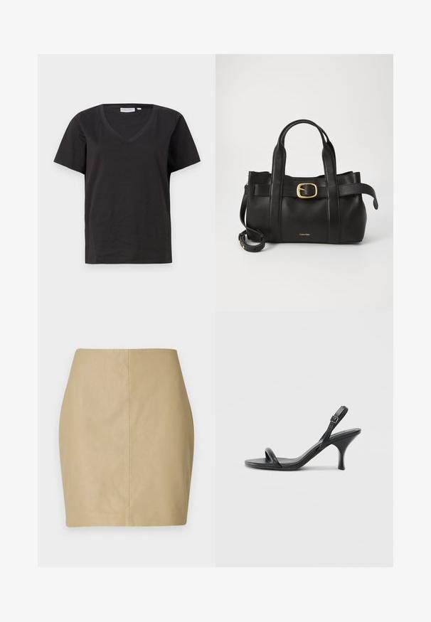 Zwarte katoenen T-shirt met een V-hals en korte mouwen. Eenvoudig ontwerp met een regular fit en zonder patronen of accenten.; Beige leren minirok met een aansluitend ontwerp, een gladde textuur en een centrale naad die verticaal langs de achterkant loopt.; Zwarte leren sandalen met hoge hakken, een slanke, gebogen hak en een gekruist bandontwerp. Verstelbare enkelband. Soepele textuur.; Zwarte leren handtas met een gestructureerd ontwerp, dubbele handgrepen aan de bovenkant, een gouden gespaccent en een geperst merklogo aan de voorkant.