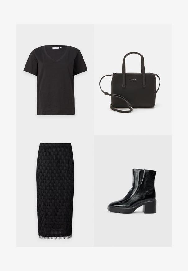 Schwarzes Baumwoll-T-Shirt mit V-Ausschnitt und kurzen Ärmeln. Einfaches Design mit normalem Schnitt und ohne Muster oder Akzente.; Schwarzer Midirock mit texturiertem Muster und Fransenverzierung am Saum. Aus leichtem Stoff gefertigt, hat er eine enganliegende Silhouette.; Schwarze Lackleder-Stiefeletten mit einer geschwungenen Zehenpartie, elastischen Seiteneinsätzen und einem klobigen Blockabsatz. Mit geprägtem Logo auf der Rückseite.; Schwarze Handtasche mit zwei kurzen, doppelt geflochtenen Griffen und einem abnehmbaren Schulterriemen. Glattes, lederähnliches Material mit einem Reißverschluss und Logodetail.