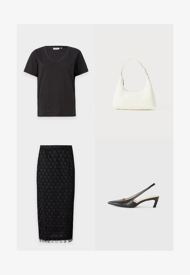 Sort bomulds T-shirt med V-hals og korte ærmer. Enkel design med regular fit og ingen mønstre eller accenter.; Sort midi-skjørt med et tekstureret mønster og frynse-detaljer langs kanten. Fremstillet af letvægtsstof, har det en tætsiddende silhuet.; Sorte spidse slingback-sko med en lav hæl, lavet af glat læder og med udskæringer på siden for åndbarhed.; Lille hvid skuldertaske med en enkelt justerbar rem og en lynlåslukning, sat mod en ensfarvet hvid baggrund.