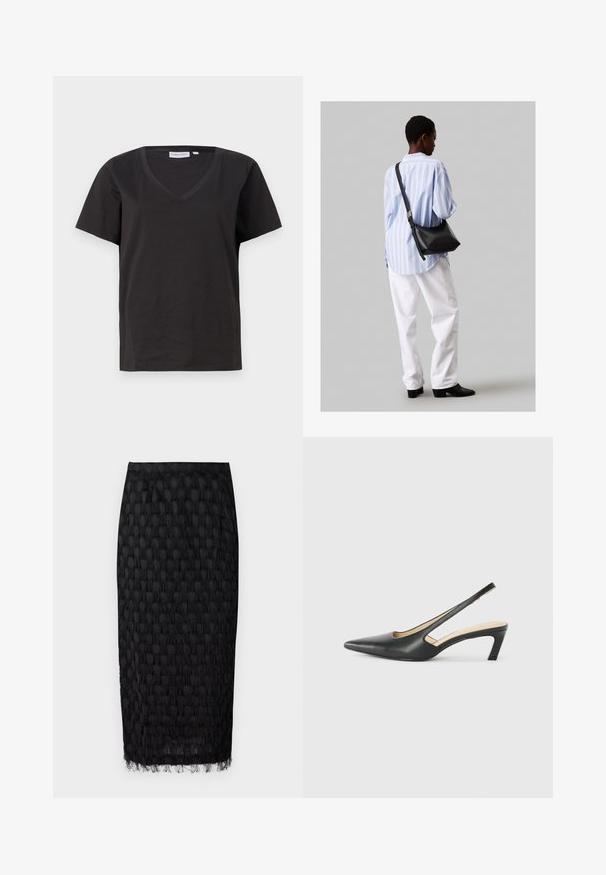 Fekete pamut póló V-nyakkal és rövid ujjakkal. Egyszerű dizájn, normál fazon, minta vagy díszítés nélkül.; Fekete midi szoknya, textúrázott mintázattal és fröccsenő részletekkel az alján. Könnyű anyagból készült, testhezálló szabása van.; Fekete, hegyes orrú, slingback cipő alacsony sarkával, sima bőrből készült, oldalt kivágott deisgnal a légáteresztőképesség érdekében.; Fekete bőr válltáska puha tapintással, háromszög alakú, állítható pánttal, világoskék csíkos inggel és fehér nadrággal párosítva.