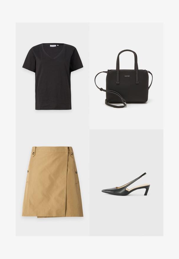 Juodas medvilninis marškinėlis su V formos iškirpte ir trumpomis rankovėmis. Paprastas dizainas, reguliaraus kirpimo, be raštų ar akcentų.; Kavaidinė sijonas, pagamintas iš lygaus audinio, su priekinėmis aplikacijomis, turintis dvi šonines kišenes ir dvi mygtukus ant juosmens.; Juodas smailus slingback batelis su žemu kulnu, pagamintas iš lygaus odos paviršiaus ir su išpjovomis šone, užtikrinančiomis oro pralaidumą.; Juoda rankinė su dviem trumpais rankenėlėmis ir nuimamu petį. Lygaus odos tipo medžiaga su užtrauktuku ir logotipo detale.