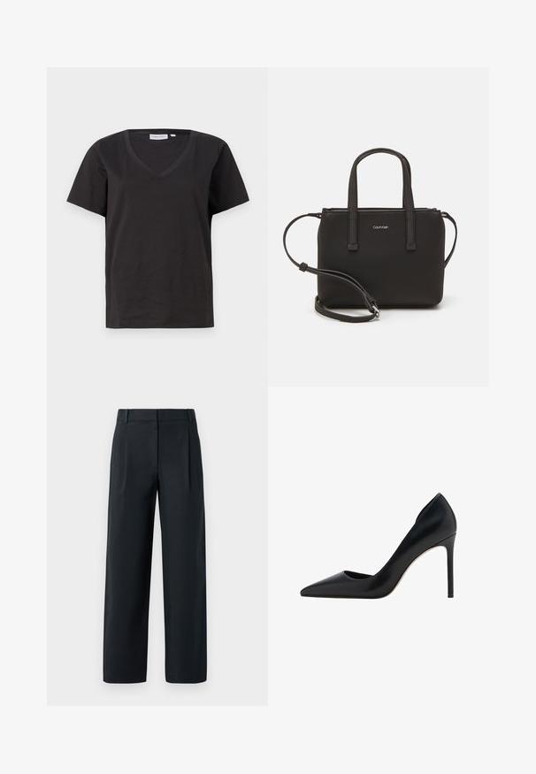 Camisa de algodón negra con cuello en V y mangas cortas. Diseño simple con un corte regular y sin patrones ni acentos.; Pantalones negros ajustados con un diseño de pierna recta, que cuentan con pliegues delanteros, una textura suave y pasadores para cinturón. Sin bolsillos visibles.; Mango Zapatos altos - black; Bolso de mano negro con dos asas cortas y una correa de hombro removible. Material suave tipo cuero con cierre de cremallera y detalle del logo.
