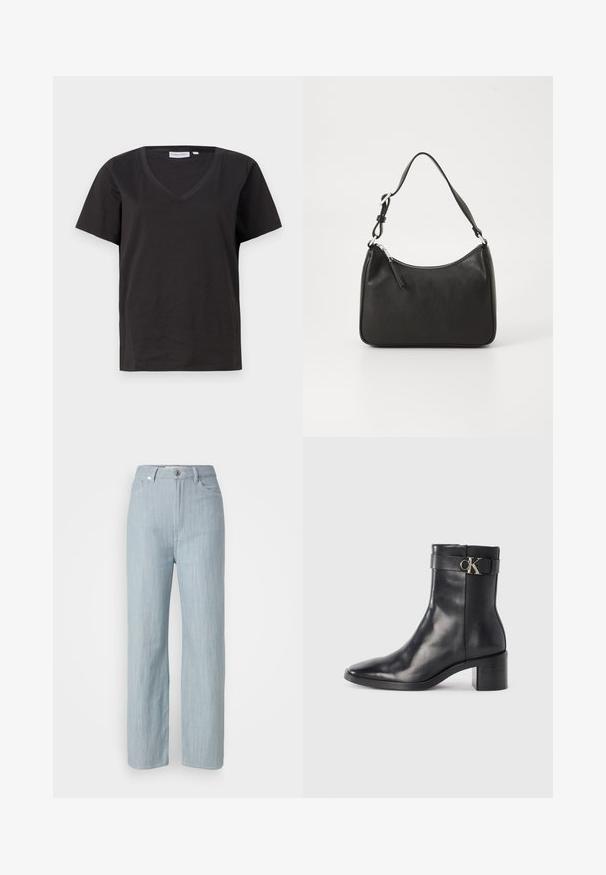 Fekete pamut póló V-nyakkal és rövid ujjakkal. Egyszerű dizájn, normál fazon, minta vagy díszítés nélkül.; Világoskék egyenes szárú farmernadrág. Öt zsebbel, fém gombos záródással és finom kopási hatással a textúra érdekében rendelkezik.; Fekete bőr bokacsizma hegyes orral, tömbsarkúval és fémes logós pánttal. Simává zárt textúrájú, minimalista dizájn.; Fekete bőrtáska ívelt formával, egyetlen pánttal, cipzáras záródással és diszkrét logóval az elején. Simább textúra, minimalista dizájn.