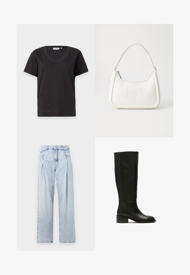 Camisa de algodón negra con cuello en V y mangas cortas. Diseño simple con un corte regular y sin patrones ni acentos.; Jeans de mezclilla azul claros con cintura alta, corte de pierna ancha, dos bolsillos laterales y un diseño plisado. Textura suave con un acabado deslavado.; Bota alta de cuero negro con punta redonda y tacón cuadrado bajo. Presenta una textura suave y un diseño sin adornos.; Bolso de mano de cuero blanco con forma curvada, con un logo "CK" en relieve en la parte delantera y una sola correa para el hombro. Cierre de cremallera en la parte superior.
