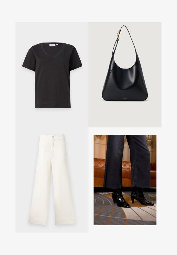Črna bombažna majica s kratkimi rokavi in V-izrezom. Preprost dizajn z običajnim krojem in brez vzorcev ali dodatkov.; Široke hlače iz svetlo bež bombaža. Imajo visoko pas, sprednje žepke in ravno krojenje. Čist zaključek brez vzorcev.; Črne ankle čevlje z ostrim nosom in teksturno obdelavo, nošeni pod raztrganimi širokimi hlačami v črni barvi na vzorčastem preprogi.; Črna usnjena torba za ramo z gladko teksturo, ukrivljeno silhueto in zlatimi dodatki. Ima vtisnjen logotip blagovne znamke na dnu.