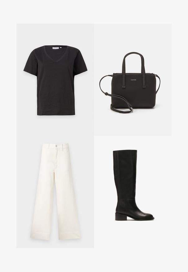 Črna bombažna majica s kratkimi rokavi in V-izrezom. Preprost dizajn z običajnim krojem in brez vzorcev ali dodatkov.; Široke hlače iz svetlo bež bombaža. Imajo visoko pas, sprednje žepke in ravno krojenje. Čist zaključek brez vzorcev.; Visoka črna usnjena škornja z zaobljenim prstom in nizko kvadratno peto. Ima gladko teksturo in preprost oblikovalski stil.; Črna torbica z dvema kratkima ročajema in odstranljivim naramnim trakom. Gladek usnju podoben material z zadrgo in podrobnostmi z logotipom.