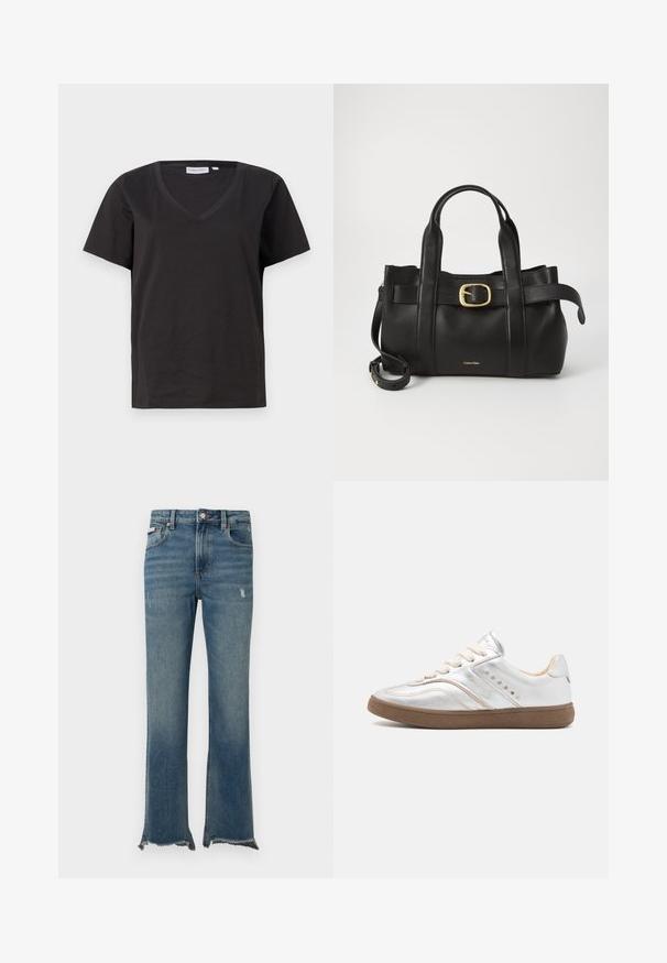 Svart bomull T-shirt med V-urringning och korta ärmar. Enkelt design med en vanlig passform och inga mönster eller accenter.; Blå denimjeans med lätt slitning, råa fransiga fållar, framfickor, bältesöglor och knappstängning.; Nubikk RAY OWEN - Sneakers - silver metallic/shiny mocca; Svart läderhandväska med en strukturerad design, dubbla topphandtag, detaljer i guldton med spänne och präglad logotyp framtill.