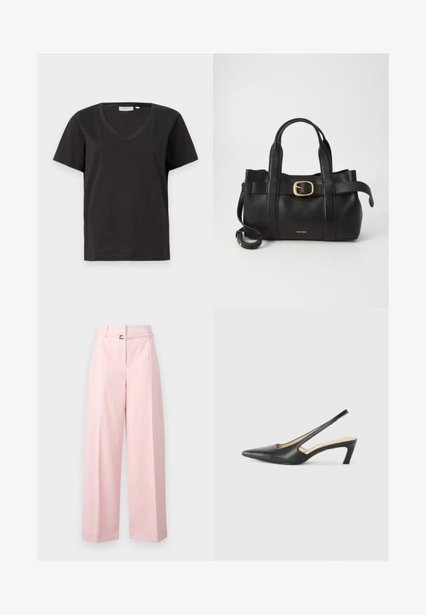 Μαύρο βαμβακερό T-shirt με V λαιμόκοψη και κοντά μανίκια. Απλός σχεδιασμός με κανονική εφαρμογή και χωρίς μοτίβα ή διακοσμητικά.; Ροζ παντελόνια σε ίσια γραμμή, κατασκευασμένα από απαλό ύφασμα, με ψηλή μέση, βρόχους ζώνης και κλείσιμο με γάντζο και μπάρα. Ραμμένο σχέδιο με πιέτες.; Μαύρο παπούτσι slingback με αιχμηρή μύτη και χαμηλό τακούνι, κατασκευασμένο από λείο δέρμα με σχέδιο κοπής στη πλευρά για αερισμό.; Μαύρη δερμάτινη τσάντα με δομημένο σχέδιο, διπλούς επάνω χειρολαβές, χρυσή αγκράφα διακόσμηση και ανάγλυφο λογότυπο μπροστά.