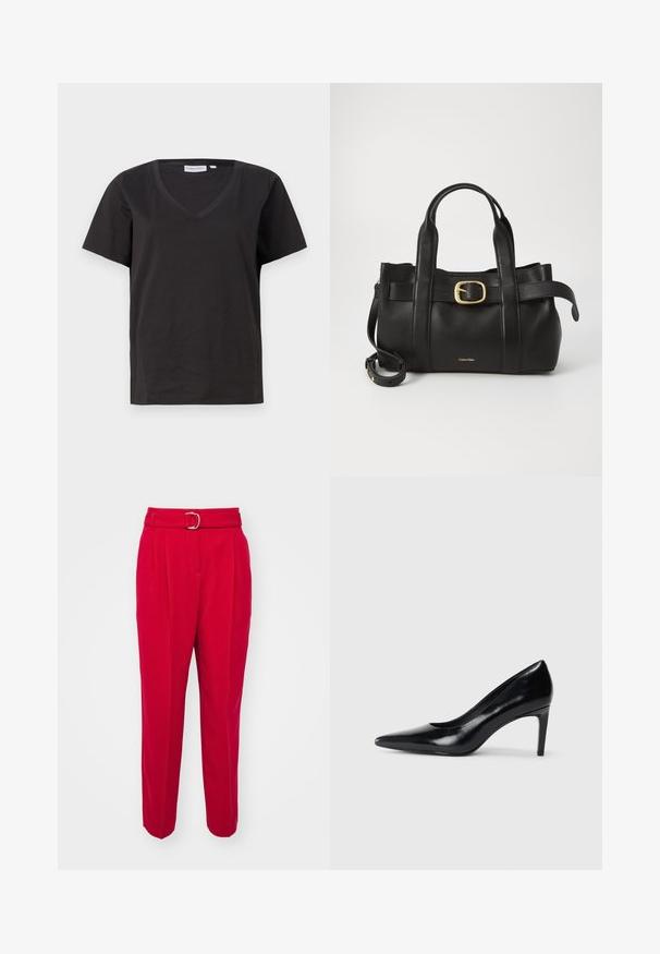 T-shirt de algodão preto com decote em V e mangas curtas. Design simples com um corte regular e sem padrões ou detalhes.; BOSS TAPIAH - Chinos - bright red; Sandalha de salto alto em couro preto com bico apontado, textura lisa e salto afilado. Design minimalista, sem embellishments adicionais.; Bolsa de couro preto com um design estruturado, alças superiores duplas, detalhe de fivela em tom dourado e logotipo da marca em relevo na frente.