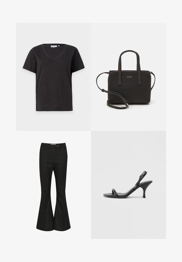 Melnas kokvilnas T-krekls ar V veida kakla izgriezumu un īsām piedurknēm. Vienkāršs dizains ar regulāru piegriezumu un bez rakstiem vai akcentiem.; Melni paplašinātie bikses, kas izgatavotas no gludas auduma, ar augstu vidukli, priekšējo pogu aizdari un elegantu, pielāgotu dizainu.; Melnas ādas augstpapēžu sandales ar plānu, izliekta formas papēdi un krustenisku siksnu dizainu. Regulējama potītes siksna. Gluda tekstūra.; Melns roku soma ar divām īsām rokturiem un noņemamu plecu siksnu. Gluda ādas līdzīga materiāla ar rāvējslēdzēja aizdari un logos detaļu.