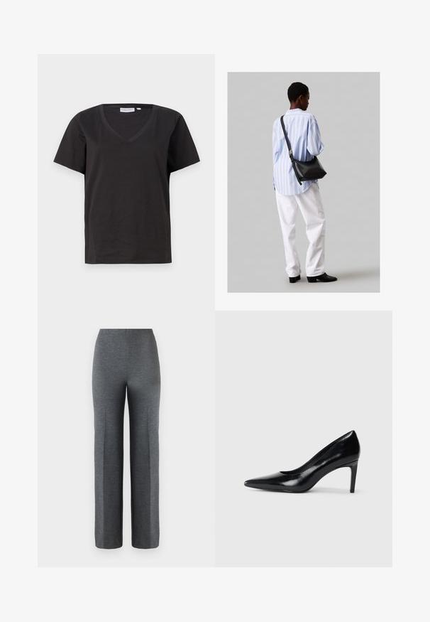 Czarna bawełniana koszulka z dekoltem w serek i krótkimi rękawami. Prosty design o regularnym kroju bez wzorów ani dodatków.; Szare, szerokie spodnie z miękkiego, teksturowanego materiału. Posiadają wysoki stan i brak widocznych ozdób lub elementów metalowych.; Czarna skórzana szpilka z ostrym noskiem, gładką fakturą i zwężającym się obcasem. Minimalistyczny design, bez dodatkowych zdobień.; Czarna skórzana torba na ramię o miękkiej fakturze, w kształcie trójkąta, z regulowanym paskiem, połączona z jasnoniebieską koszulą w paski i białymi spodniami.