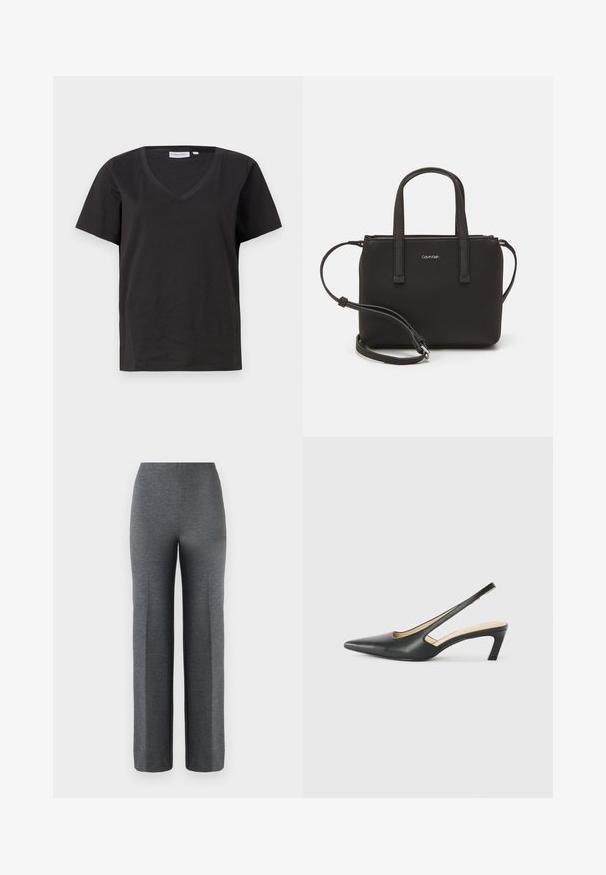 Juodas medvilninis marškinėlis su V formos iškirpte ir trumpomis rankovėmis. Paprastas dizainas, reguliaraus kirpimo, be raštų ar akcentų.; Pilkos plačios kelnės, pagamintos iš minkštos, tekstūruotos medžiagos. Turi aukštą juosmenį ir nėra matomų detalizuotų elementų ar dekoracijų.; Juodas smailus slingback batelis su žemu kulnu, pagamintas iš lygaus odos paviršiaus ir su išpjovomis šone, užtikrinančiomis oro pralaidumą.; Juoda rankinė su dviem trumpais rankenėlėmis ir nuimamu petį. Lygaus odos tipo medžiaga su užtrauktuku ir logotipo detale.
