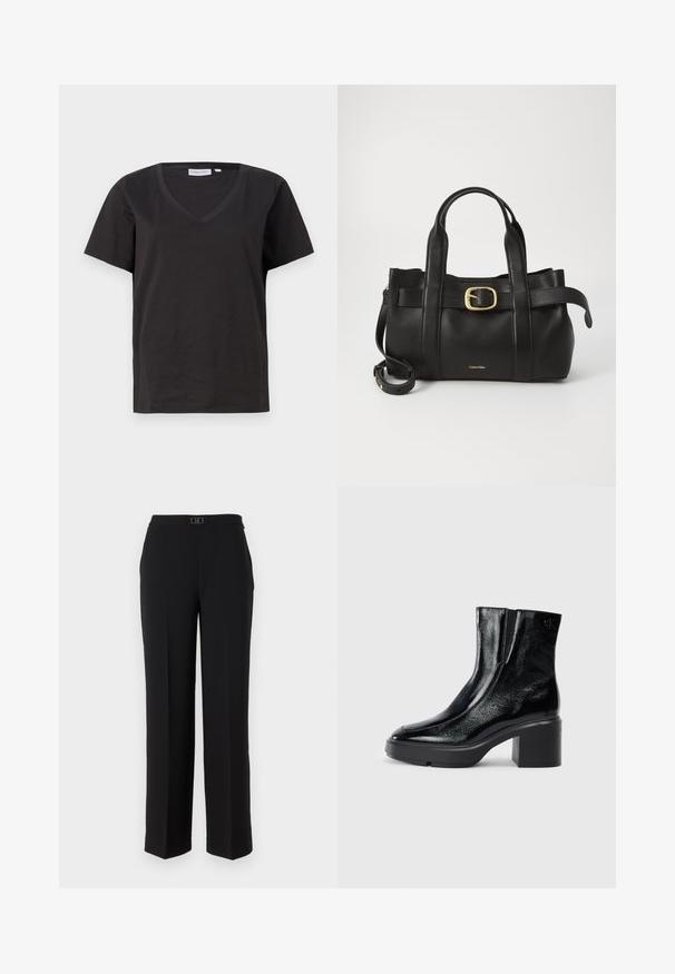 Juodas medvilninis marškinėlis su V formos iškirpte ir trumpomis rankovėmis. Paprastas dizainas, reguliaraus kirpimo, be raštų ar akcentų.; Juodos pritaikytos kelnės, pagamintos iš lygaus audinio, su tiesiu kojų dizainu, juosmeniu su dekoratyvine sidabro sagtimi ir be matomų raštų.; Juodi lakiniai auliniai batai iki kulkšnies, su išlenktu pirštu, elastinėmis šoninėmis panelėmis ir masyviu blokuotu kulnu. Apdailoje užpakalinėje dalyje įspaustas logotipas.; Juodas odinis rankinės maišas su struktūrizuotu dizainu, dviem viršutinėmis rankenomis, auksinės spalvos sagtimi ir iškilniu prekės ženklu priekyje.