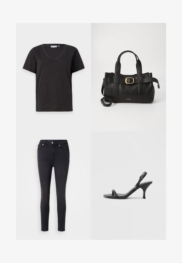 Črna bombažna majica s kratkimi rokavi in V-izrezom. Preprost dizajn z običajnim krojem in brez vzorcev ali dodatkov.; Črne uske kavbojke iz denima s klasičnim pet-pocket dizajnom, ki vključuje sprednje zapiranje s gumbom in subtilne detajle šivanja.; Črne usnjene visoke sandale s tankim, ukrivljenim petam in obliko križanih trakov. Nastavljiv trak okoli gležnja. Gladka tekstura.; Črna usnjena torba s strukturirano zasnovo, dvojni zgornji ročaji, zlato-tonirni zaponka kot dodatek in vtisnjeni logotip blagovne znamke spredaj.